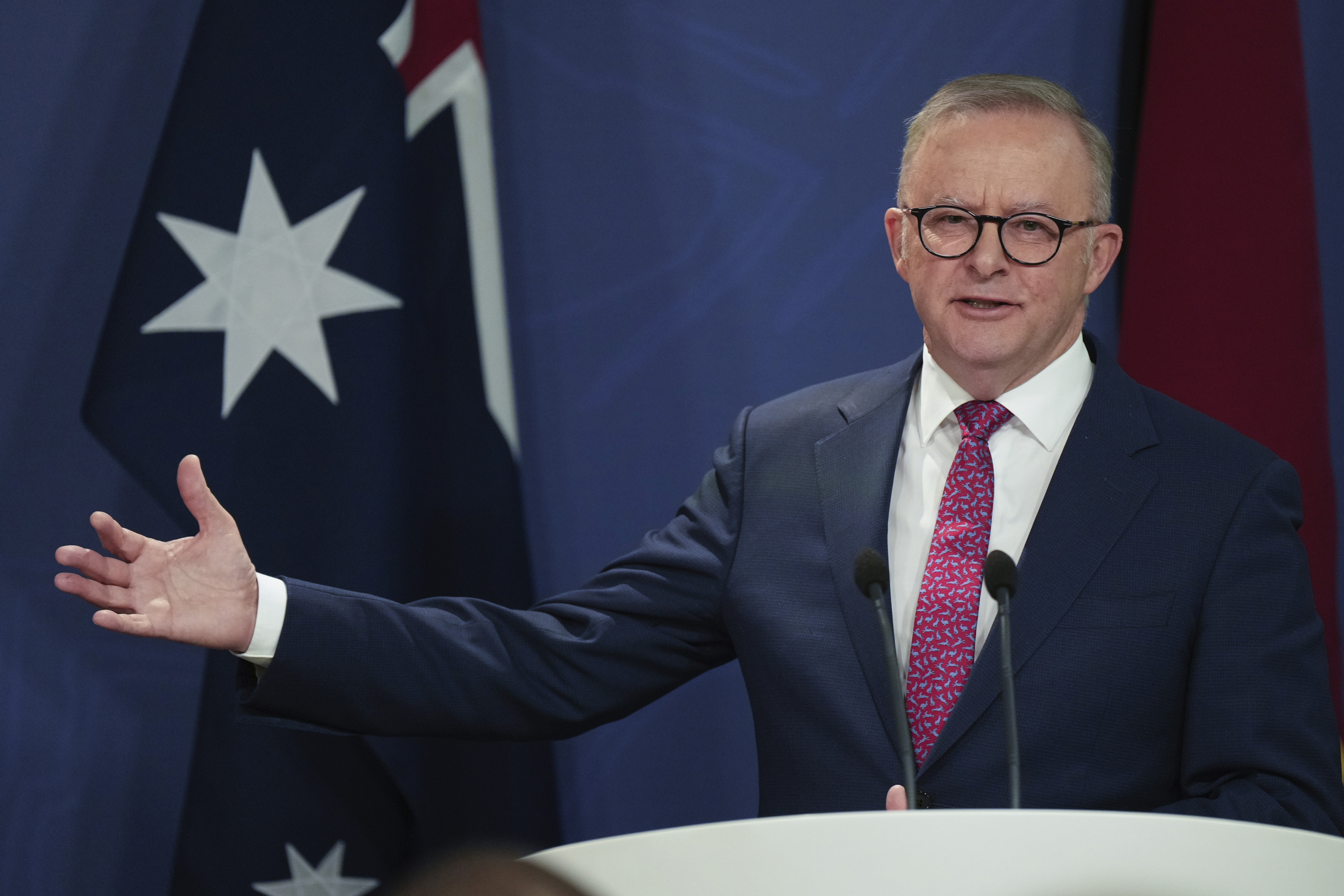 FILE - Australian Prime Minister Anthony Albanese gestures during a press conference in Sydney, Australia, Dec. 12, 2024. (AP Photo/Mark Baker, File)