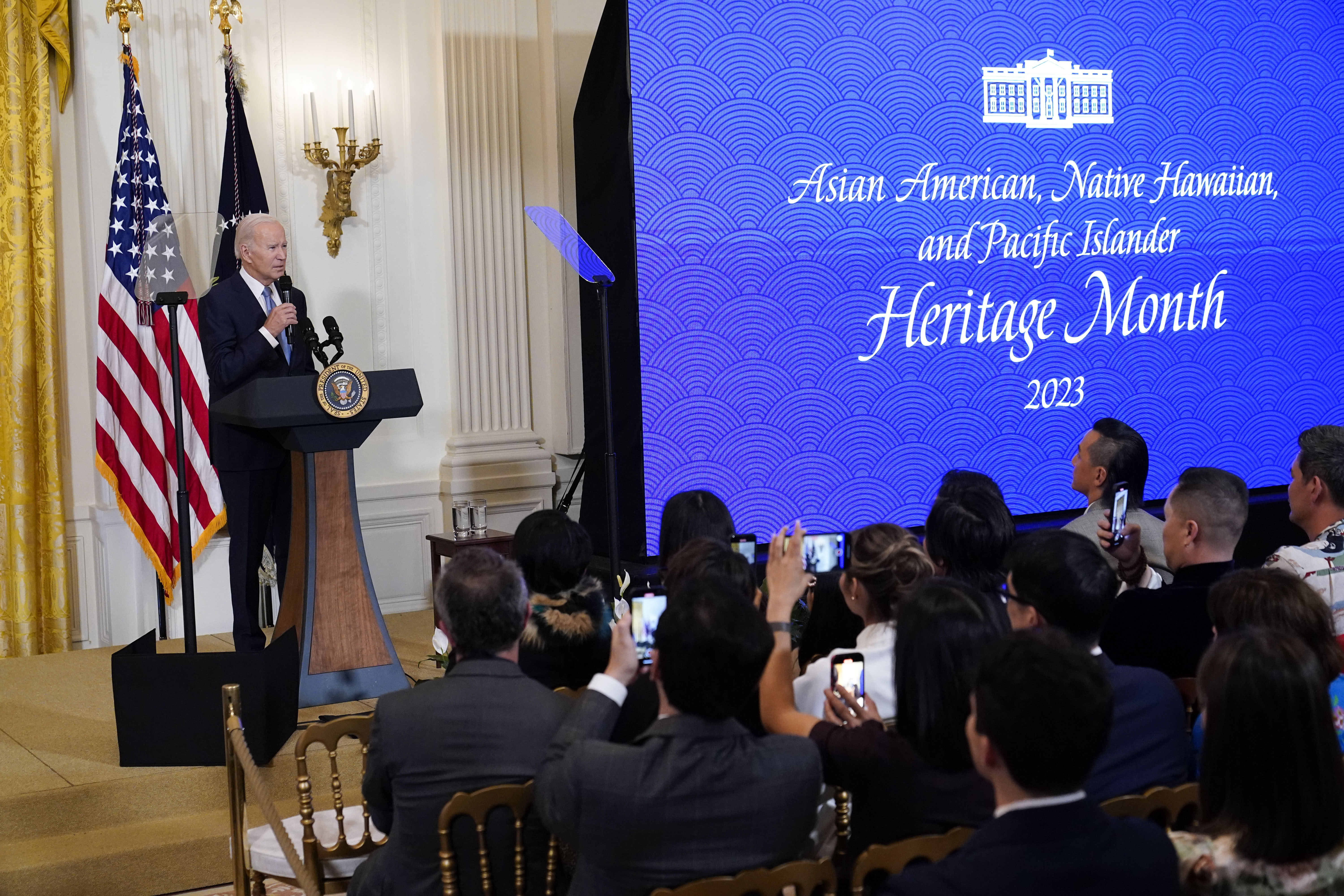 FILE - President Joe Biden speaks before a screening of the series "American Born Chinese" in the East Room of the White House in Washington, in celebration of Asian American, Native Hawaiian, and Pacific Islander Heritage Month, May 8, 2023. (AP Photo/Susan Walsh, File)