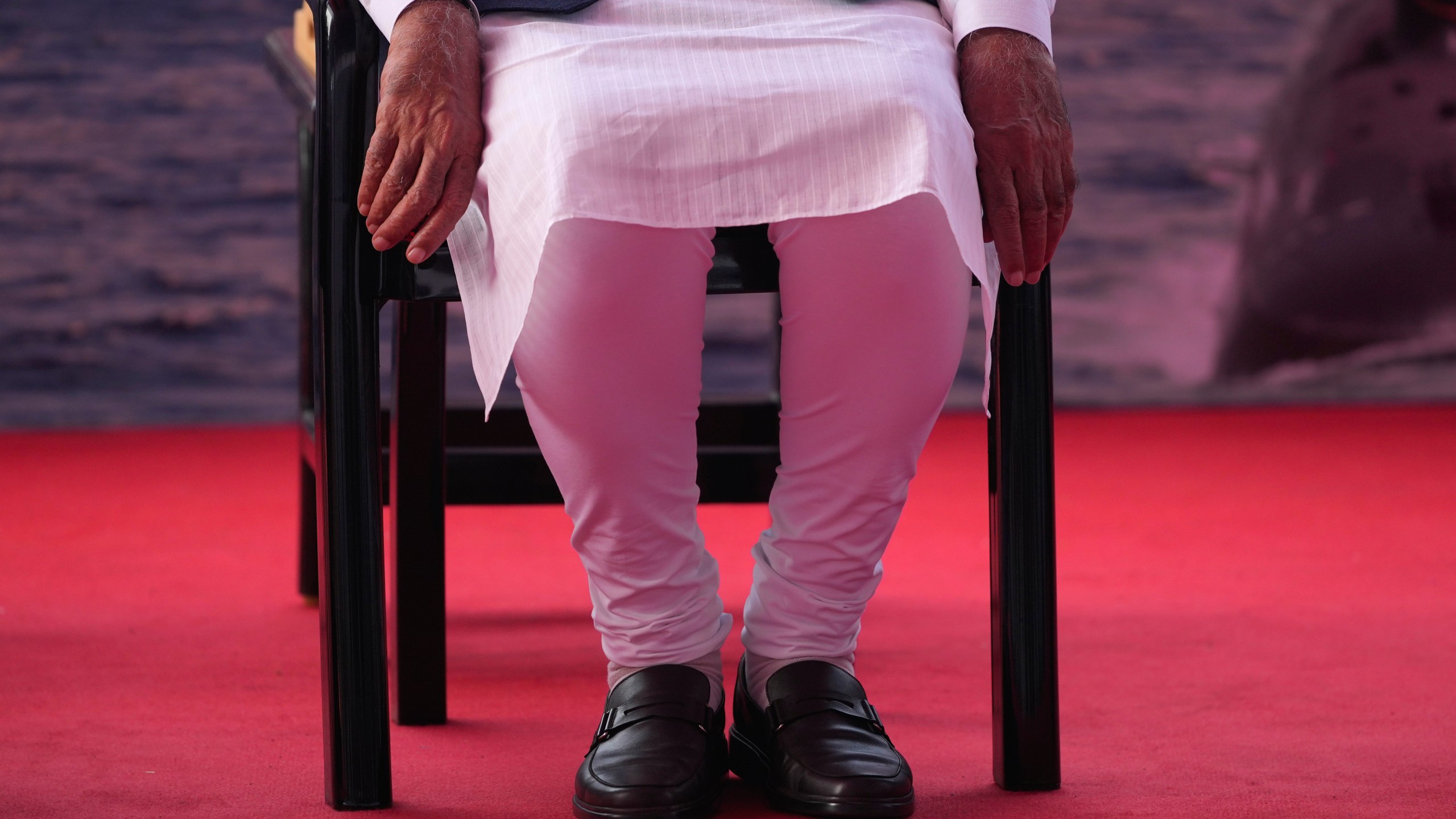 Indian Prime Minister Narendra Modi attends the commissioning ceremony of a submarine, a destroyer and a frigate built at a state-run shipyard in Mumbai,, India, Wednesday, Jan. 15, 2025. (AP Photo/Rafiq Maqbool)