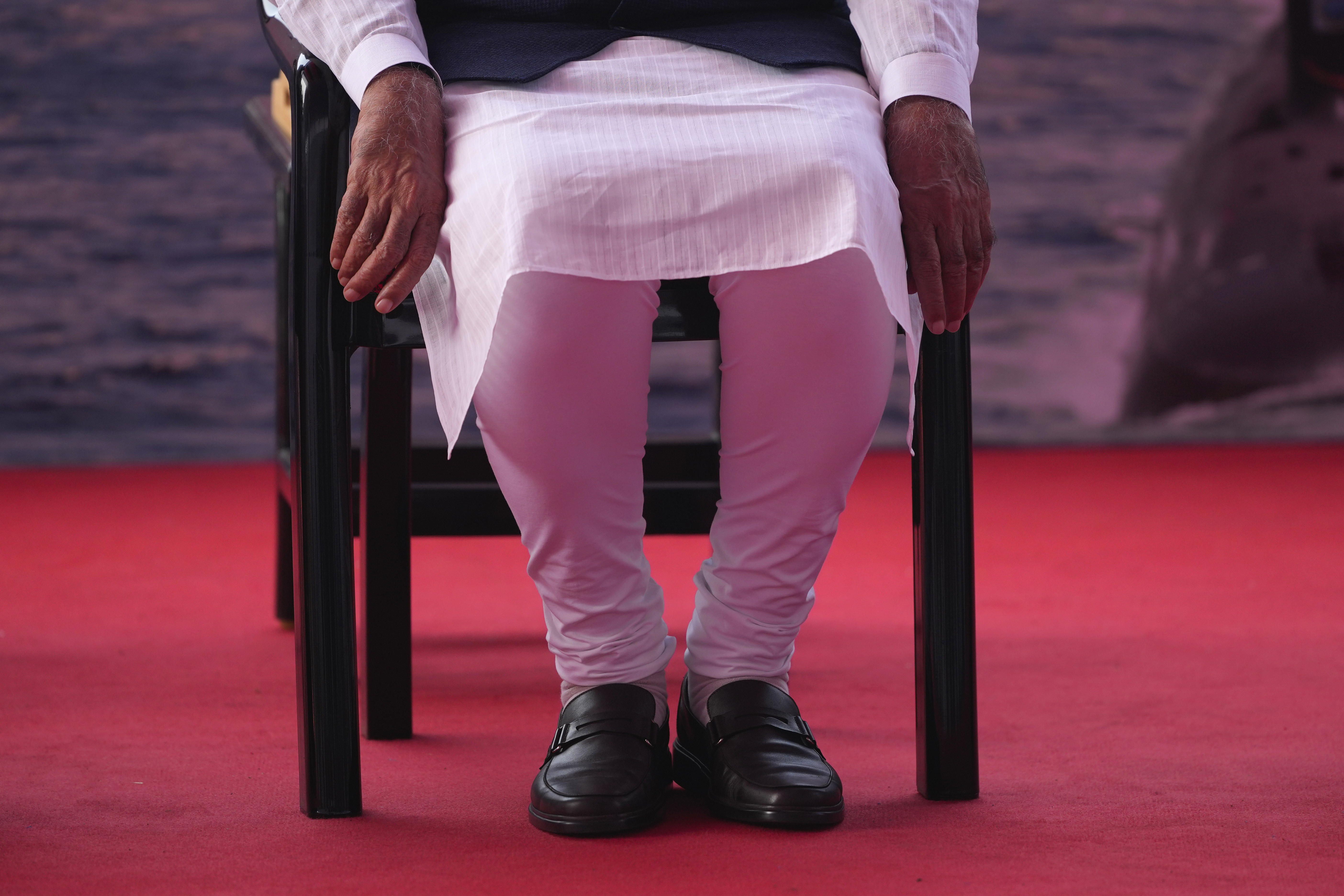 Indian Prime Minister Narendra Modi attends the commissioning ceremony of a submarine, a destroyer and a frigate built at a state-run shipyard in Mumbai,, India, Wednesday, Jan. 15, 2025. (AP Photo/Rafiq Maqbool)