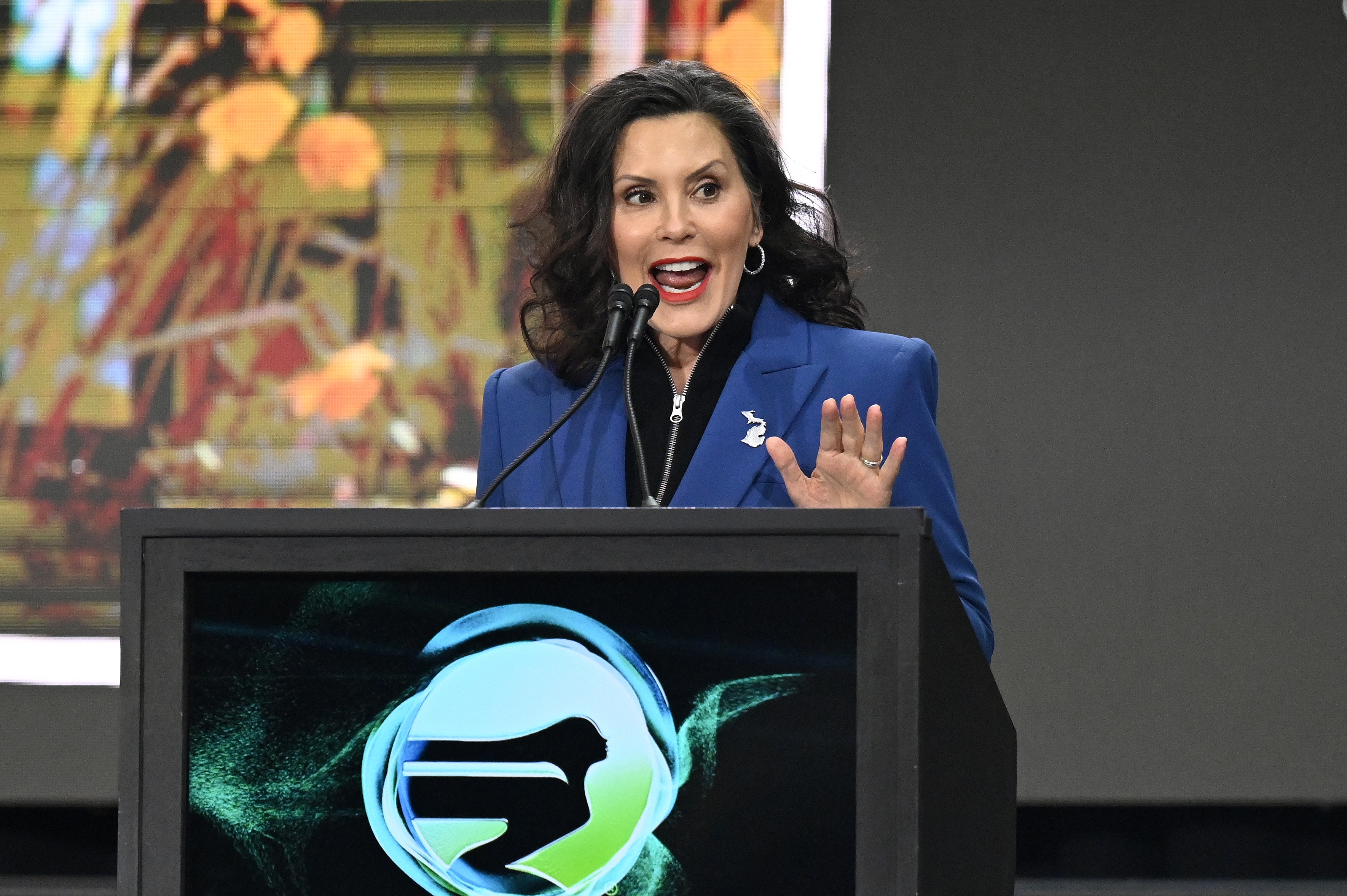 Michigan Gov. Gretchen Whitmer speaks at the Detroit Auto Show, Wednesday, Jan. 15, 2025, in Detroit. (AP Photo/Jose Juarez)