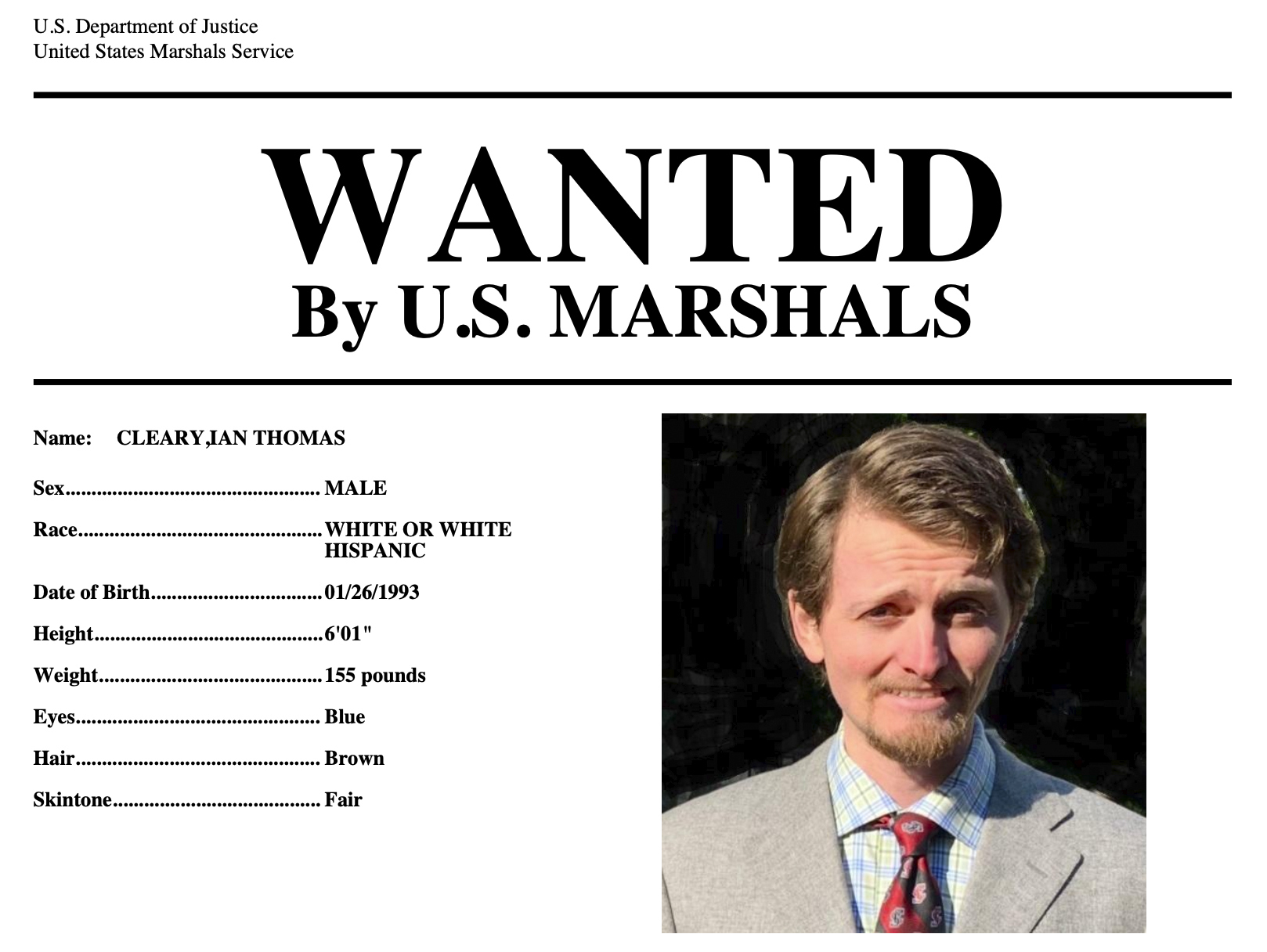 This undated wanted poster, provided by the U.S. Marshals, shows Ian Cleary, of Saratoga, Calif. U.S. (U.S. Marshals via AP)