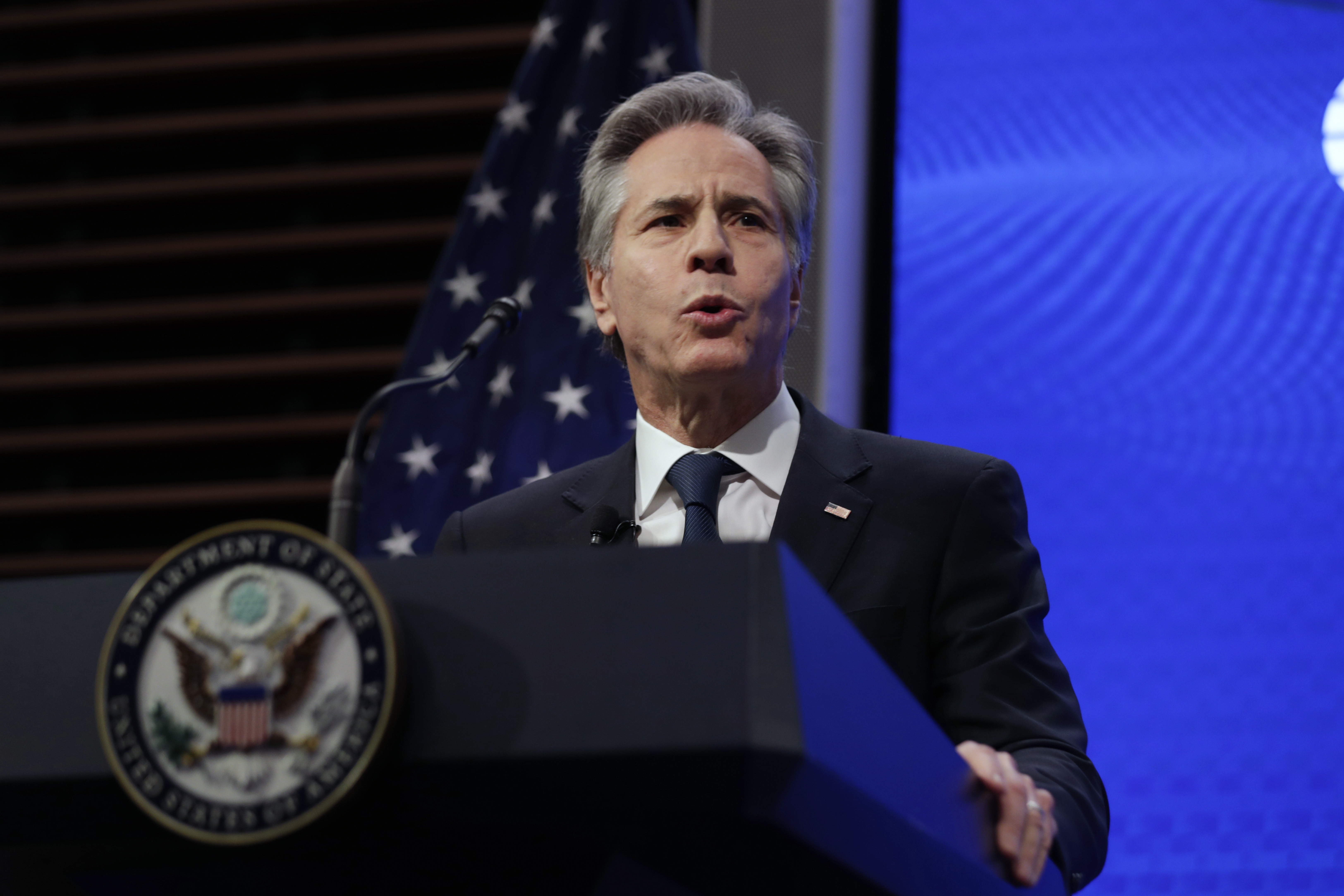 Secretary of State Antony Blinken delivers remarks at the Atlantic Council, Tuesday, Jan. 14, 2025, in Washington. (AP Photo/Luis M. Alvarez)