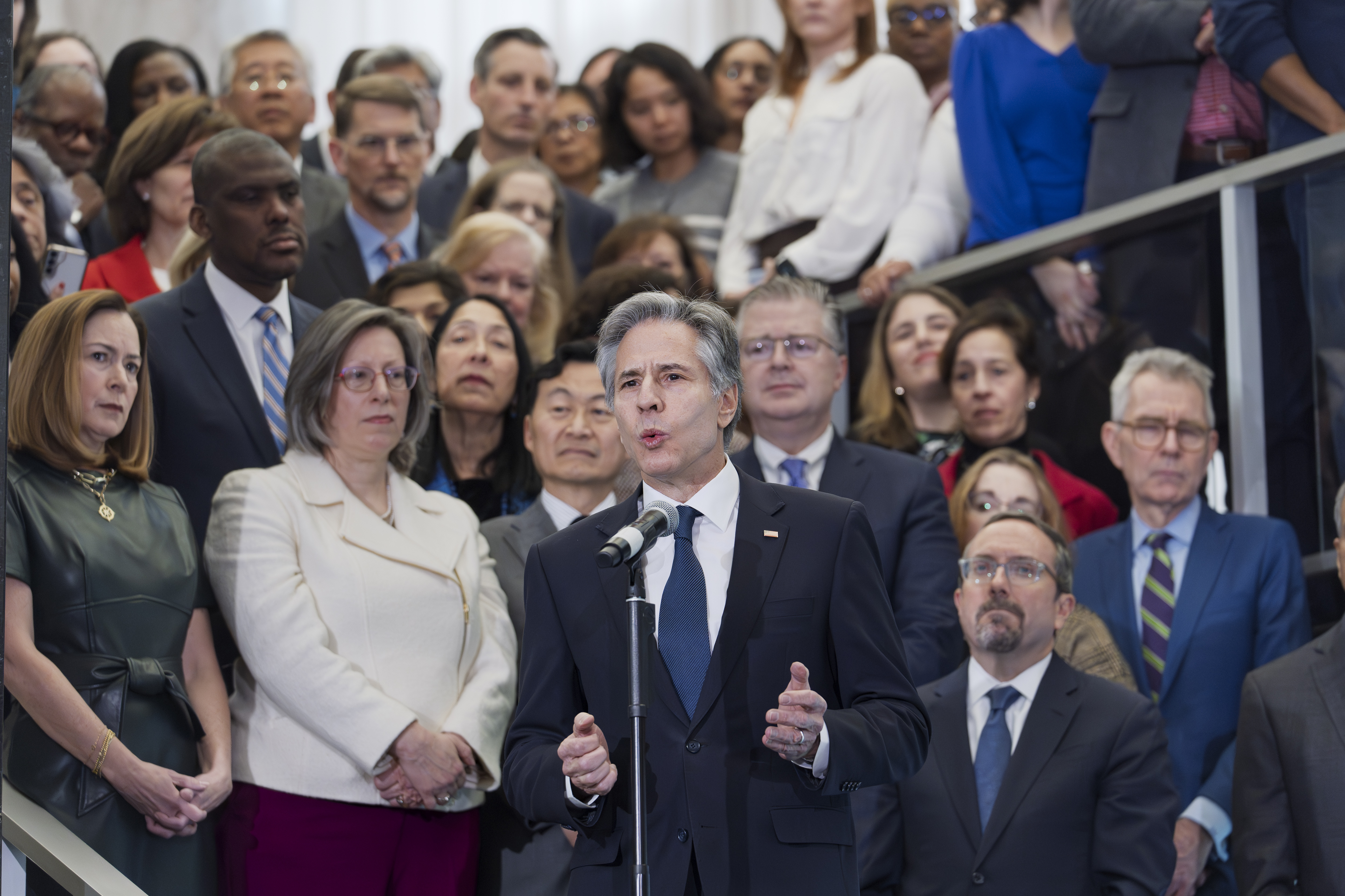 Secretary of State Antony Blinken bids farewell to diplomats and staff at the State Department in Washington, Friday, Jan. 17, 2025. (AP Photo/J. Scott Applewhite)