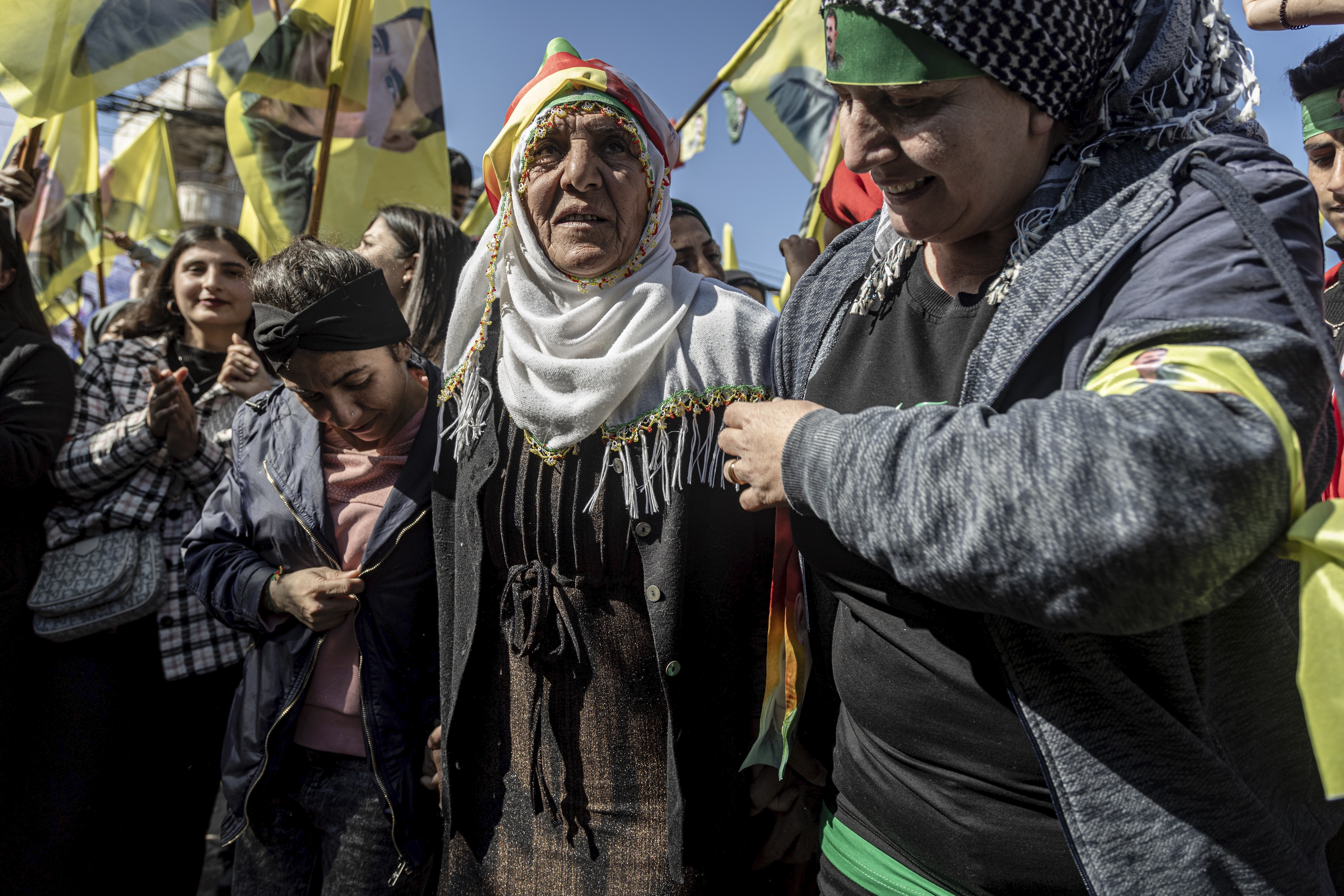 Demonstrators march to demand the release of Kurdish leader Abdullah Ocalan in Qamishli, northeastern Syria, Saturday Feb. 15, 2025.(AP Photo/Baderkhan Ahmad)