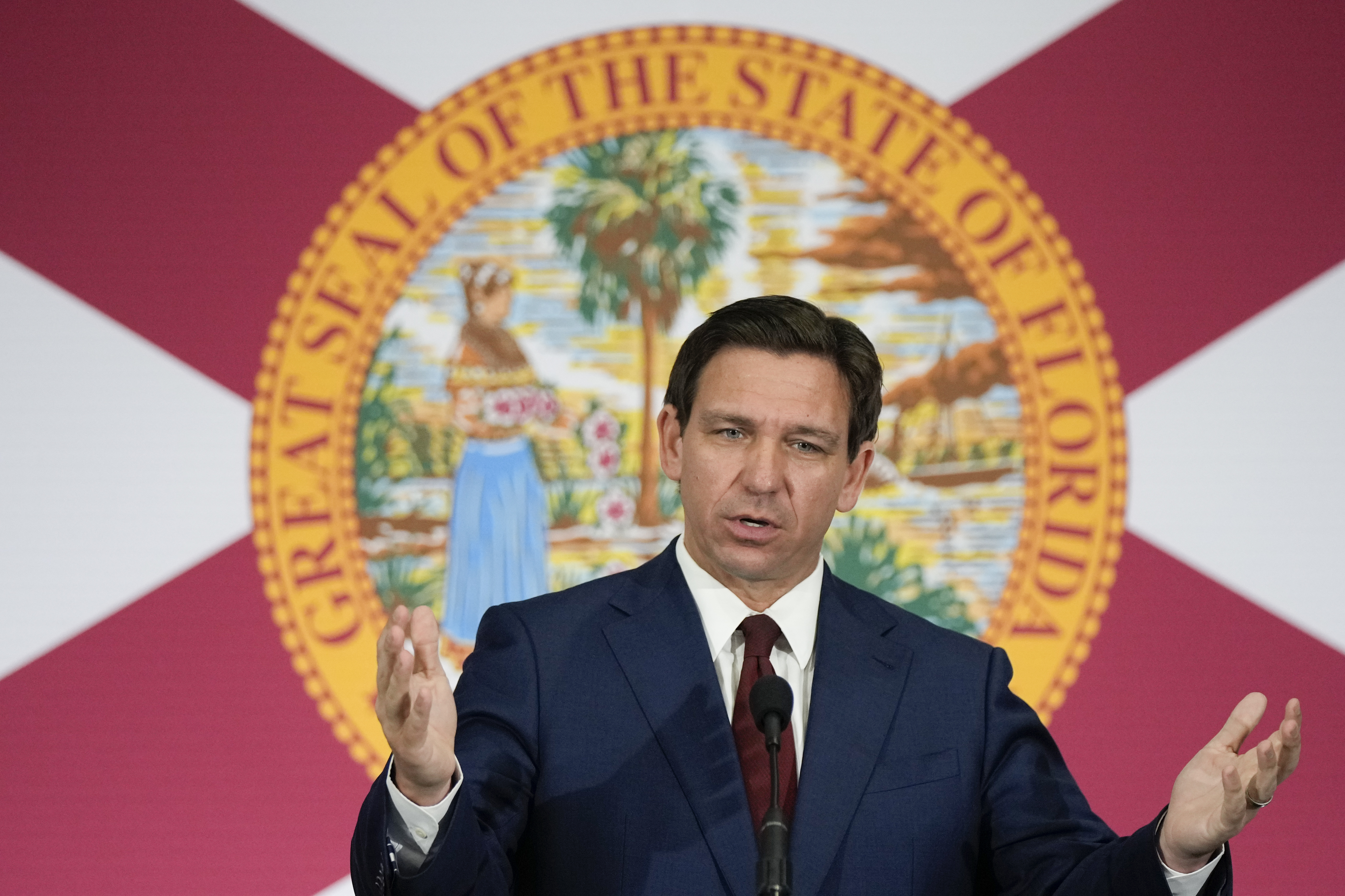 FILE - Florida Gov. Ron DeSantis speaks during a news conference in Miami, May 9, 2023. (AP Photo/Rebecca Blackwell, File)