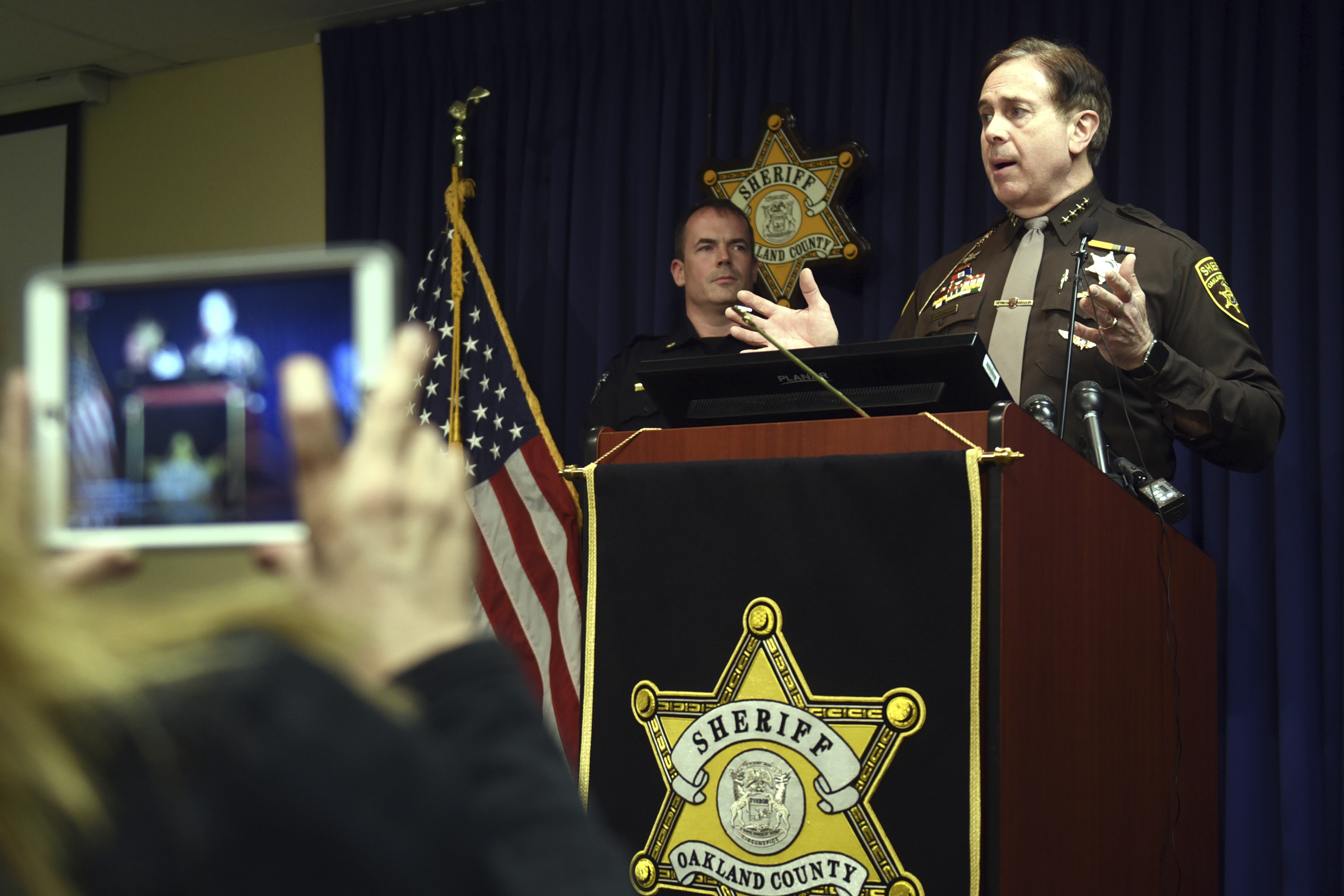 FILE - Oakland County Sheriff Mike Bouchard speaks during a news conference in Pontiac, Mich., Feb. 1, 2018. (Max Ortiz/Detroit News via AP File)