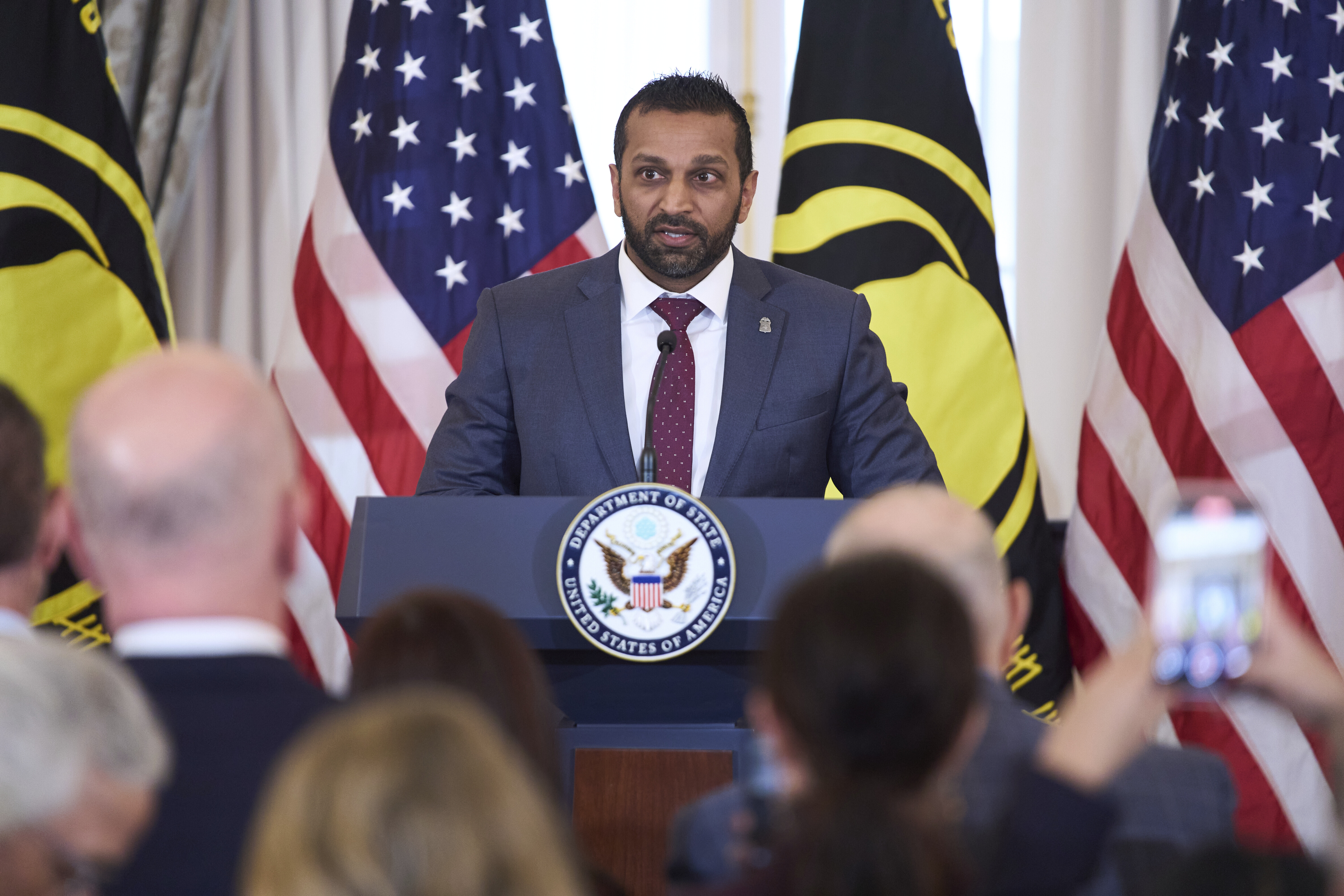 FBI Director Kash Patel speaks during a ceremony to raise the Hostage and Wrongful Detainee flag at the State Department, Thursday, March 6, 2025, in Washington. (AP Photo/Evan Vucci)