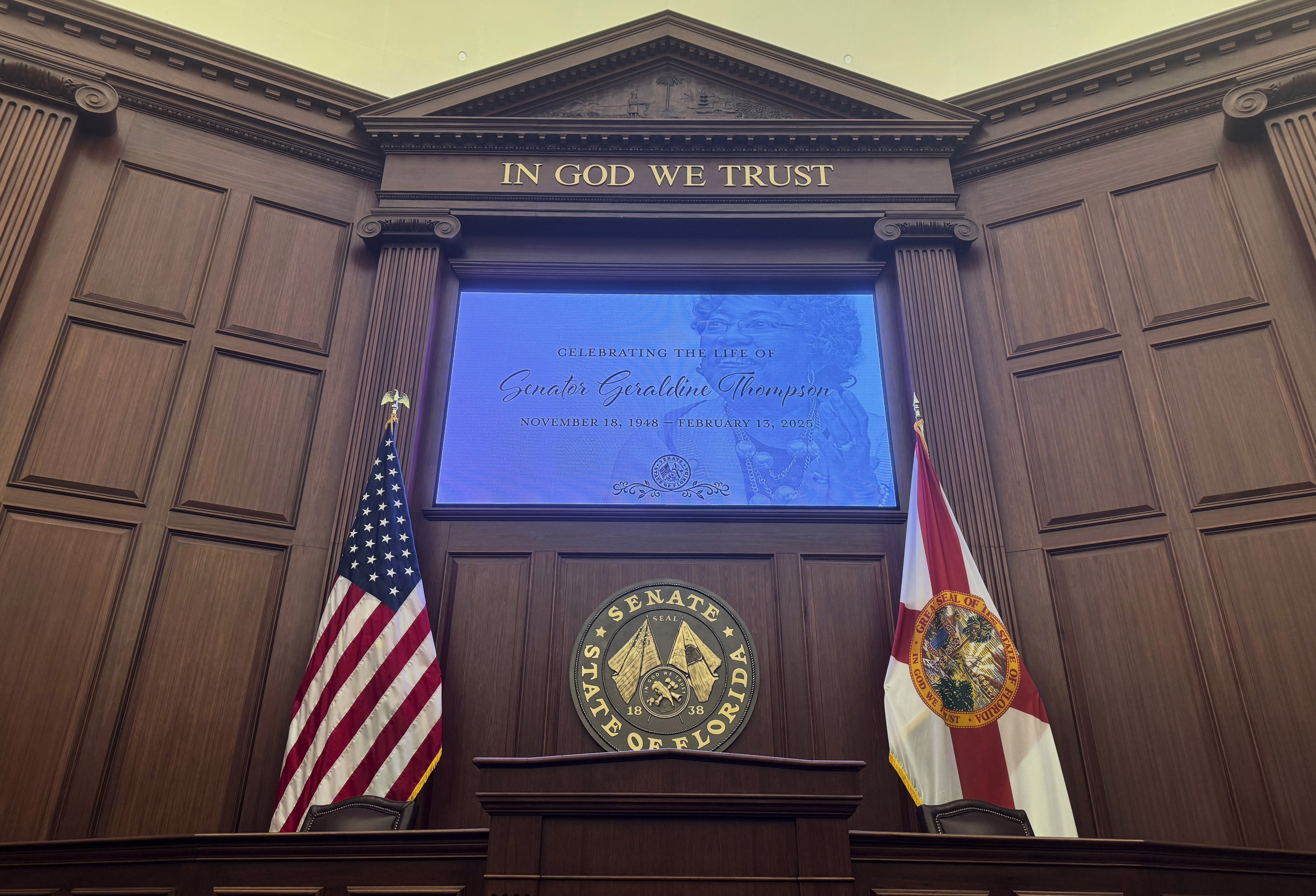 Florida lawmakers honored the life of their colleague, late Democratic State Sen. Geraldine Thompson during a memorial service in the Florida Senate chambers in Tallahassee, Fla. on Thursday, March 13, 2025. (AP Photo/Kate Payne)